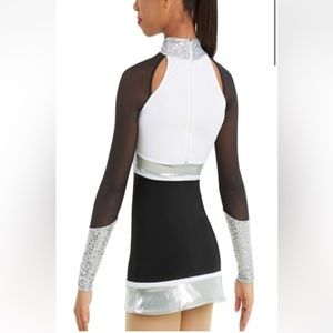 BALERA CHILD LARGE BLACK GRAY WHITE DANCE COSTUME METALLIC SEQUIN DRESS WITH BOW